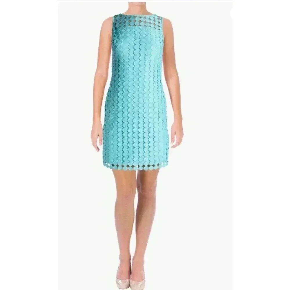 Lauren Ralph Lauren Dress Size 6 Women's Space Blue Dot Lace Sheath Sleeveless